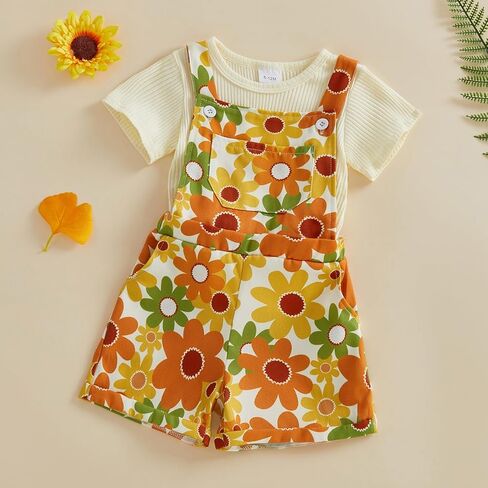Nyapruwe Toddler Girls Summer Outfit Short Sleeve Ribbed T-Shirt and Bib Suspender Overalls Shorts Set Kid 2Pcs Clothes in Saudi Arabia