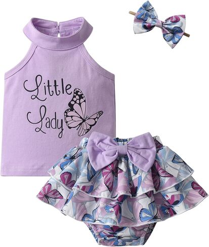 Kulcerry Infant Baby Girl Summer Clothes Sleeveless Cartoon Pattern Halter Vest Tops + Skirt Shorts + Headband Outfits Set in Kuwait