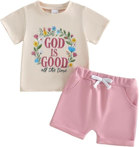 Toddler Baby Girl Christian Clothes God Is Good All The Time Flower Embroidered T Shirt Shorts Set Summer Outfits 2Pcs in Kuwait