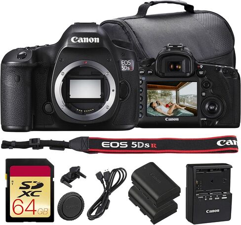 حزمة كاميرا Canon EOS 5DS R DSLR | مستشعر كامل الإطار بدقة 50.6 ميجابكسل، وإلغاء مرشح الترددات المنخفضة، وDIGIC 6 المزدوج، ونظام التركيز البؤري التلقائي المتقدم | رائع للاستخدام في الاستوديو والصور التجارية (0582C002) + بطاقة سعة 64 جيجابايت + بطارية in Kuwait