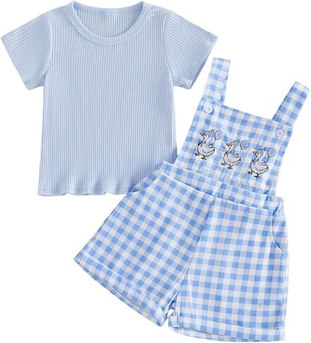 Nyapruwe Toddler Girls Summer Outfit Short Sleeve Ribbed T-Shirt and Bib Suspender Overalls Shorts Set Kid 2Pcs Clothes in Saudi Arabia