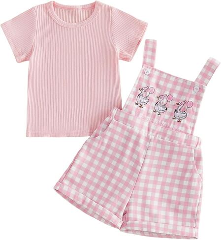 Nyapruwe Toddler Girls Summer Outfit Short Sleeve Ribbed T-Shirt and Bib Suspender Overalls Shorts Set Kid 2Pcs Clothes in Saudi Arabia