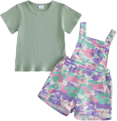Nyapruwe Toddler Girls Summer Outfit Short Sleeve Ribbed T-Shirt and Bib Suspender Overalls Shorts Set Kid 2Pcs Clothes in Saudi Arabia