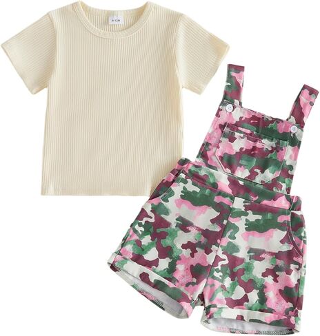 Nyapruwe Toddler Girls Summer Outfit Short Sleeve Ribbed T-Shirt and Bib Suspender Overalls Shorts Set Kid 2Pcs Clothes in Saudi Arabia