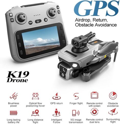 طائرة بدون طيار K19 GPS مع كاميرا 4K للبالغين، طائرة بدون طيار RC مع شاشة HD 4.5 بوصة على وحدة التحكم، رحلة 60 دقيقة، نقل طويل المدى، اتبعني، إرجاع تلقائي، محرك بدون فرش، تجنب العوائق، طائرة كوادكوبتر خفيفة الوزن وقابلة للطي لعبة هدايا للمبتدئين in Kuwait