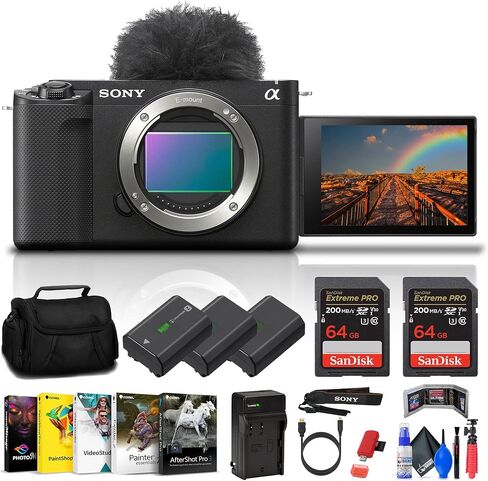 كاميرا Sony Alpha ZV-E1 كاملة الإطار بعدسة بدون مرآة (أسود) (ILCZVE1/B) + حافظة + بطاقة 2 × 64 جيجابايت + 2 × بطارية متوافقة مع NP-FZ100 + برنامج Corel Photo + قارئ بطاقات + حامل ثلاثي القوائم مرن + المزيد (متجددة) in Kuwait