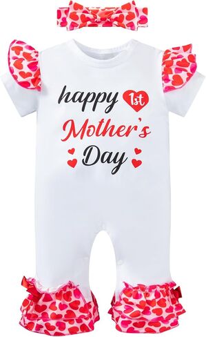 طقم ملابس Yruiz Baby Girls Happy 1st Mother's Day سروال رومبر مطبوع على شكل قلب مع عصابة رأس in Kuwait