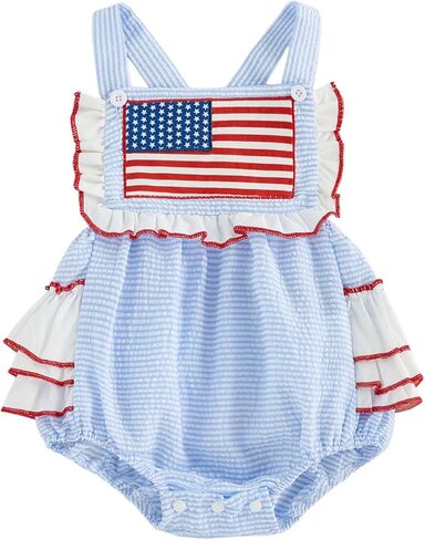 Infant Baby Girl Outfit Duck Embroidery Square Neck Flying Sleeve Bubble Romper Plaid Bodysuit Newborn Summer Clothes in Kuwait