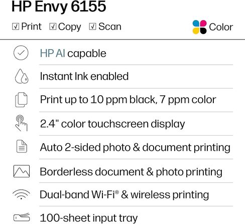 طابعة HP Envy 6155 اللاسلكية النافثة للحبر الملونة الكل في واحد، Portobello، الطباعة، المسح الضوئي، النسخ، الطباعة المزدوجة الأفضل للمنزل، تجربة 3 أشهر من الحبر الفوري، قادرة على الذكاء الاصطناعي (C2WR7A) in Kuwait