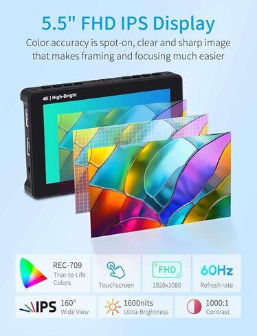 شاشة كاميرا FEELWORLD F5 Prox 5.5 بوصة، شاشة لمس 1600nit HD 1920x1080 IPS مع LUT ثلاثي الأبعاد، تركيز الذروة، حلقة HDMI 4K داخل/خارج لكاميرا DSLR مساعدة شكل موجة HDR، حامل حذاء بارد in Kuwait