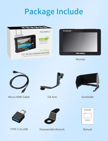 شاشة كاميرا FEELWORLD F5 Prox 5.5 بوصة، شاشة لمس 1600nit HD 1920x1080 IPS مع LUT ثلاثي الأبعاد، تركيز الذروة، حلقة HDMI 4K داخل/خارج لكاميرا DSLR مساعدة شكل موجة HDR، حامل حذاء بارد in Kuwait