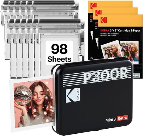طابعة صور محمولة KODAK Mini 3 Retro مقاس 3x3 بوصة، 98 ورقة، طابعة بلوتوث للهواتف الذكية لهواتف iPhone وAndroid، مطبوعات ملونة فورية، صبغ التسامي 4PASS، أسود in Kuwait