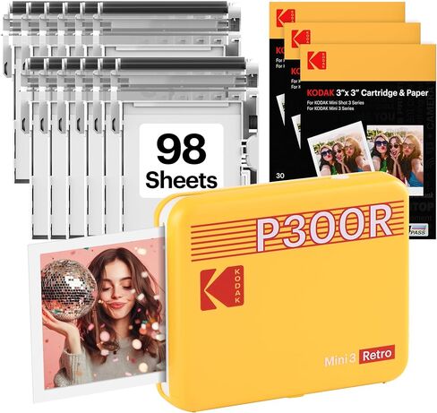 طابعة صور محمولة KODAK Mini 3 Retro مقاس 3x3 بوصة، 98 ورقة، طابعة بلوتوث للهواتف الذكية لهواتف iPhone وAndroid، مطبوعات ملونة فورية، صبغ التسامي 4PASS، أصفر in Kuwait