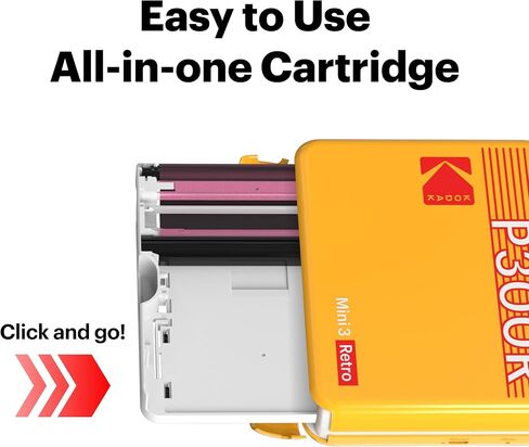 طابعة صور محمولة KODAK Mini 3 Retro مقاس 3x3 بوصة، 98 ورقة، طابعة بلوتوث للهواتف الذكية لهواتف iPhone وAndroid، مطبوعات ملونة فورية، صبغ التسامي 4PASS، أصفر in Kuwait