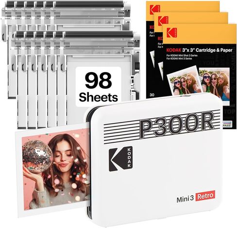 طابعة صور محمولة KODAK Mini 3 Retro مقاس 3x3 بوصة، 98 ورقة، طابعة بلوتوث للهواتف الذكية لهواتف iPhone وAndroid، مطبوعات ملونة فورية، صبغ التسامي 4PASS، أبيض in Kuwait