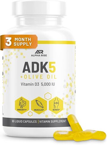 مكمل فيتامين ALPHA RISE ADK 10 + زيت الزيتون لامتصاص أفضل - مع فيتامينات A + D3 (10,000 وحدة دولية) + K2 (MK7+MK4) - 90 كبسولة - نباتي - غير معدّل وراثيًا in Saudi Arabia