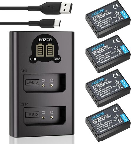 JYJZPB 4-Pack 1600mAh LP-E10 Battery and Rapid Dual Charger for Canon EOS Rebel T7 T6 T5 T3 T100, Kiss X50 X70 X80 X90, EOS 1100D 1200D 1300D 1500D 2000D 3000D 4000D, with Type-C Cable in Kuwait