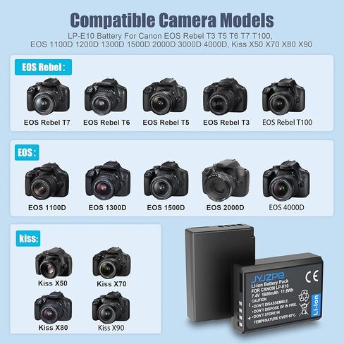 JYJZPB 4-Pack 1600mAh LP-E10 Battery and Rapid Dual Charger for Canon EOS Rebel T7 T6 T5 T3 T100, Kiss X50 X70 X80 X90, EOS 1100D 1200D 1300D 1500D 2000D 3000D 4000D, with Type-C Cable in Kuwait