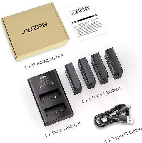 JYJZPB 4-Pack 1600mAh LP-E10 Battery and Rapid Dual Charger for Canon EOS Rebel T7 T6 T5 T3 T100, Kiss X50 X70 X80 X90, EOS 1100D 1200D 1300D 1500D 2000D 3000D 4000D, with Type-C Cable in Kuwait