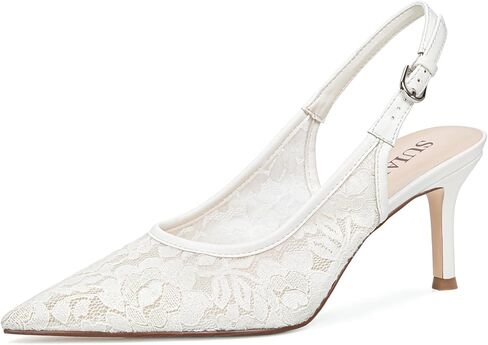 Wedding Lace Heels for Women Bridal Kitten Heels Mesh Slingback Bride Shoes Closed Pointed Toe Dressy Pumps in Kuwait