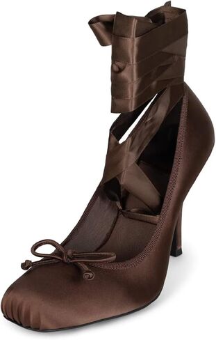 Agodor Satin Slingback Ballet Heels for Women Lace Up Ballet Pumps with Bow,Square Toe High Heel Strappy Elegant Dress Stiletto Mary Jane Ballerina Shoes for Party and Wedding in Kuwait