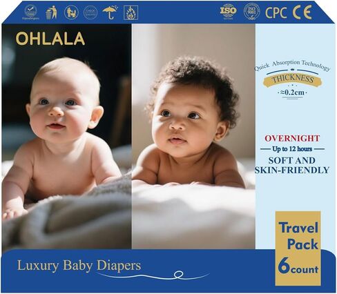 حفاضات OHLALA الفاخرة مقاس 1، عبوة سفر، 6 قطع، 8-14 رطل، صديقة للبشرة ومضادة للتسرب، خالية من العطور، رفيعة للغاية in Kuwait