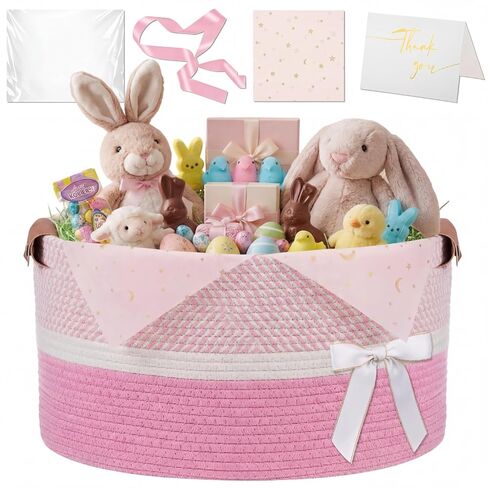 Colingmill Mother’s Day Gift Basket with Leather Handle Ribbon Gift Bag and Thank You Card Empty Decorative Chest Box 15" x 10" x 9" Woven Rope Basket Storage with Handle for Home Decor(Pink,Strip) in Kuwait