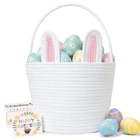 Easter Basket for Kids, Cute Bunny Easter Basket with Removable Ears & Writable Name Tag, Personalized Cotton Rope Woven Empty Easter Basket, First Easter Gift for Toddlers Boys Girls (Pink) in Kuwait