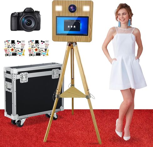 Tripod Wooden Mirror Photo Booth Machine with 15.6'' Touch Screen Retractable Selfie Kiosk DSLR Camera Photobooth with Flight Case for Party Events (Photo Booth + Flight Case) in Saudi Arabia