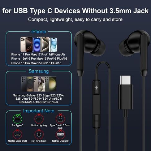 سماعات أذن سلكية USB C لهاتف iPhone 17 Pro Max Air 16e 16 Pro Max 16 Plus 15 Pro 15 سماعات أذن سلكية، قطعتان من سماعات الأذن السلكية من النوع C لهاتف Samsung Galaxy S25 S24 A17 A56 A16، Pixel 10 9 8 in Kuwait