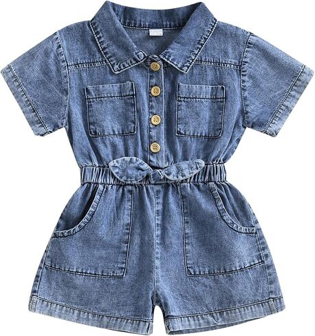 Toddler Baby Girl Jumpsuit Short Sleeve Romper Outfits Pockets Jean Overalls Shorts for Summer 12-18M in Saudi Arabia