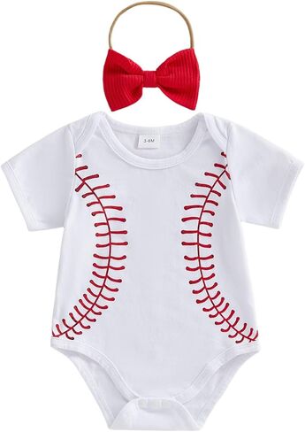 Baby Girl Baseball Romper Outfit Coquette Embroidered Game Day Bubble Romper with Headbow in Kuwait