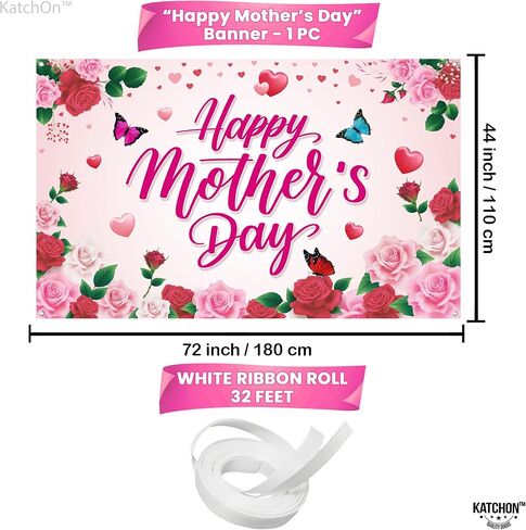 Katchon ، Banner Day Mothers - Xtralarge ، 72 × 44 بوصة | ديكورات عيد أم سعيد للحفلات | خلفية عيد الأم الوردي لزخارف لافتات عيد الأم | لافتة عيد الأم للمنزل in Kuwait