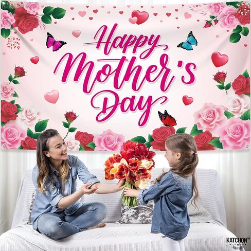 Katchon ، Banner Day Mothers - Xtralarge ، 72 × 44 بوصة | ديكورات عيد أم سعيد للحفلات | خلفية عيد الأم الوردي لزخارف لافتات عيد الأم | لافتة عيد الأم للمنزل in Kuwait