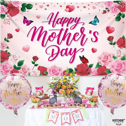 Katchon ، Banner Day Mothers - Xtralarge ، 72 × 44 بوصة | ديكورات عيد أم سعيد للحفلات | خلفية عيد الأم الوردي لزخارف لافتات عيد الأم | لافتة عيد الأم للمنزل in Kuwait