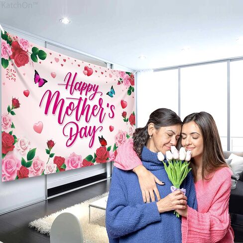 Katchon ، Banner Day Mothers - Xtralarge ، 72 × 44 بوصة | ديكورات عيد أم سعيد للحفلات | خلفية عيد الأم الوردي لزخارف لافتات عيد الأم | لافتة عيد الأم للمنزل in Kuwait