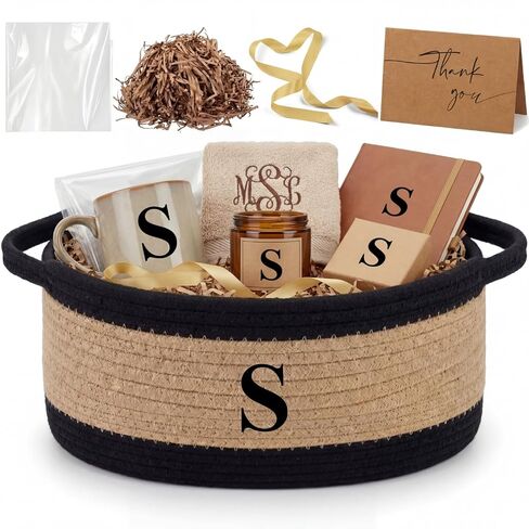 Colingmill Mother's Day Initial Woven Gift Basket Empty for Women, Cotton Rope Basket with Handle Wrap Bag Ribbon Greeting Card Filler for Mom Women Birthday Wedding Gift(Neutral,Black Khaki) in Kuwait