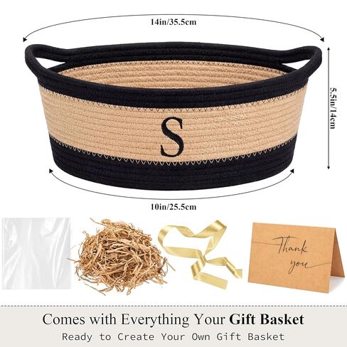 Colingmill Mother's Day Initial Woven Gift Basket Empty for Women, Cotton Rope Basket with Handle Wrap Bag Ribbon Greeting Card Filler for Mom Women Birthday Wedding Gift(Neutral,Black Khaki) in Saudi Arabia