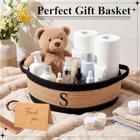 Colingmill Mother's Day Initial Woven Gift Basket Empty for Women, Cotton Rope Basket with Handle Wrap Bag Ribbon Greeting Card Filler for Mom Women Birthday Wedding Gift(Neutral,Black Khaki) in Saudi Arabia