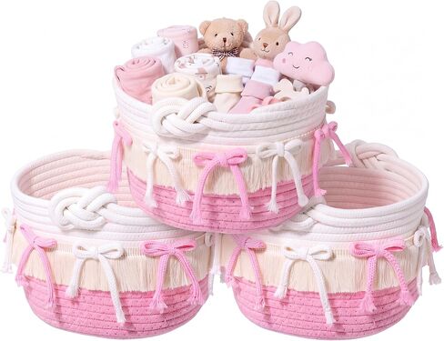 Novabright 3 Pcs Pink Bow Baskets Gifts Coquette Bow Cotton Rope Storage Baskets Round Shelf Organizer Laundry Hamper Storage Bin for Closet Bedroom Nursery Home Decor Baby Shower, 8.27'' x 6.1'' in Kuwait