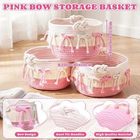 Novabright 3 Pcs Pink Bow Baskets Gifts Coquette Bow Cotton Rope Storage Baskets Round Shelf Organizer Laundry Hamper Storage Bin for Closet Bedroom Nursery Home Decor Baby Shower, 8.27'' x 6.1'' in Kuwait
