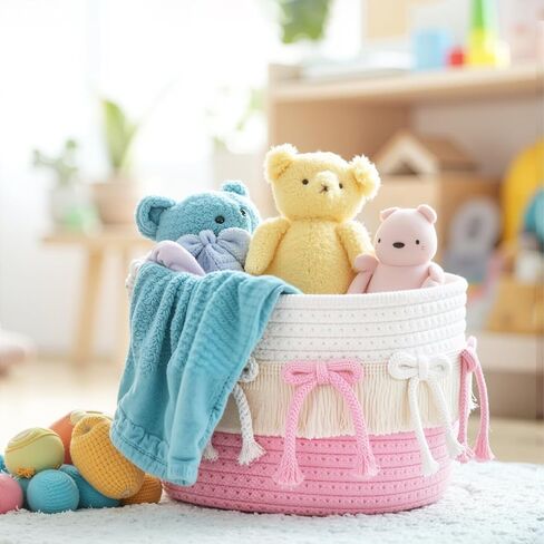 Novabright 3 Pcs Pink Bow Baskets Gifts Coquette Bow Cotton Rope Storage Baskets Round Shelf Organizer Laundry Hamper Storage Bin for Closet Bedroom Nursery Home Decor Baby Shower, 8.27'' x 6.1'' in Kuwait