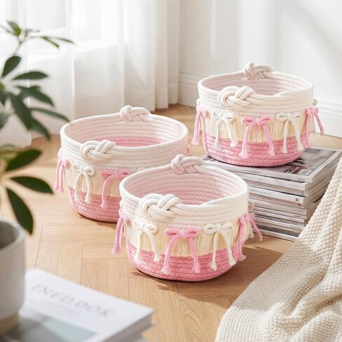 Novabright 3 Pcs Pink Bow Baskets Gifts Coquette Bow Cotton Rope Storage Baskets Round Shelf Organizer Laundry Hamper Storage Bin for Closet Bedroom Nursery Home Decor Baby Shower, 8.27'' x 6.1'' in Kuwait