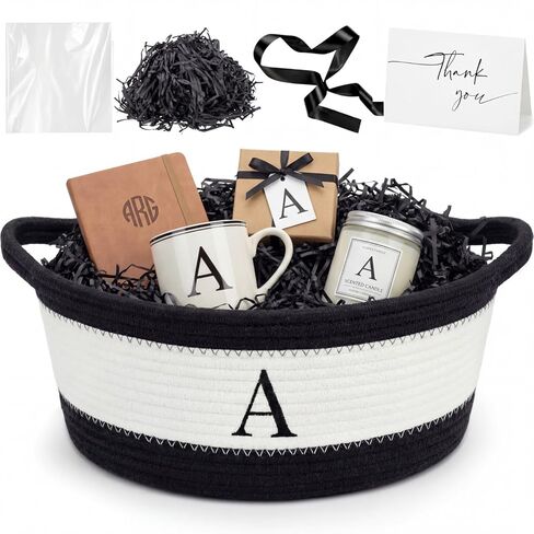 Colingmill Mother's Day Initial Woven Gift Basket Empty for Women, Cotton Rope Basket with Handle Wrap Bag Ribbon Greeting Card Filler for Mom Women Birthday Wedding Gift(Neutral,Black Khaki) in Saudi Arabia