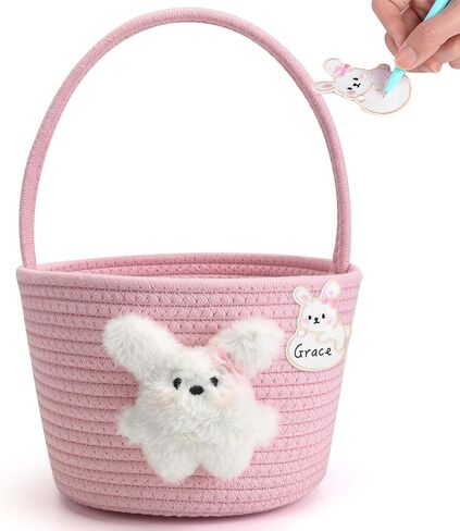 Pink Easter Basket for Kids, Reusable Woven Basket with Handle, Bunny Easter Gift Bag for Girls & Toddlers, Egg Hunt Bag (pink) in Saudi Arabia