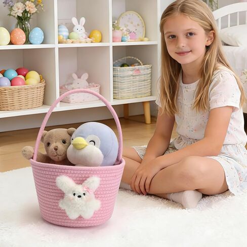 Pink Easter Basket for Kids, Reusable Woven Basket with Handle, Bunny Easter Gift Bag for Girls & Toddlers, Egg Hunt Bag (pink) in Saudi Arabia