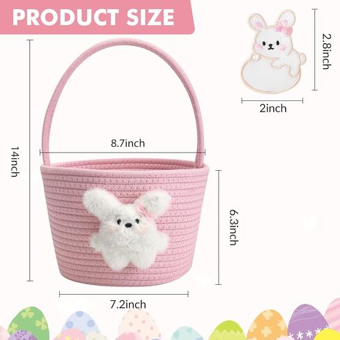 Pink Easter Basket for Kids, Reusable Woven Basket with Handle, Bunny Easter Gift Bag for Girls & Toddlers, Egg Hunt Bag (pink) in Saudi Arabia