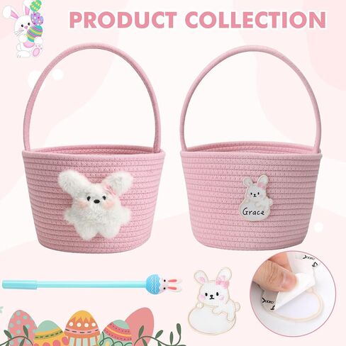 Pink Easter Basket for Kids, Reusable Woven Basket with Handle, Bunny Easter Gift Bag for Girls & Toddlers, Egg Hunt Bag (pink) in Saudi Arabia