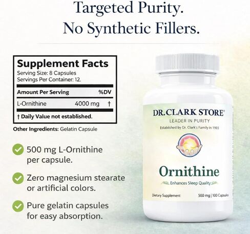 Dr Clark Ornithine Dietary Supplement - Gluten Free, Natural Sleep Aid, Promotes Protein Metabolism, Cleansing and Detoxification, 500mg, 100 Gelatin Capsules in Saudi Arabia