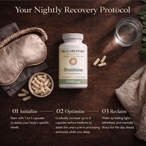 Dr Clark Ornithine Dietary Supplement - Gluten Free, Natural Sleep Aid, Promotes Protein Metabolism, Cleansing and Detoxification, 500mg, 100 Gelatin Capsules in Saudi Arabia